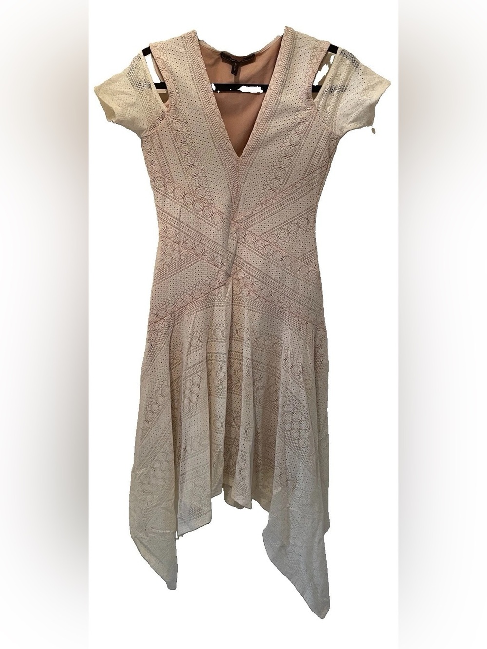 BCBGMaxAzria Lace Fit-and-Flare Dress in Ivory Beige